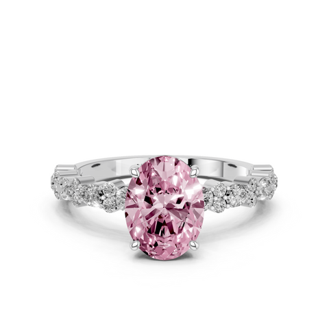 White gold Fancy Pink Oval  Solitaire with Side Stones, Pave Band, Four-Prong Setting