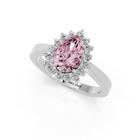 Silver Fancy Pink Pear  Cut Diamond Halo Ring with Round Brilliant Halo and Solitaire Band