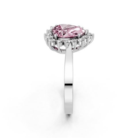 White gold Fancy Pink Pear  Cut Diamond Halo Ring with Round Brilliant Halo and Solitaire Band