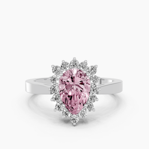Silver Fancy Pink Pear  Cut Diamond Halo Ring with Round Brilliant Halo and Solitaire Band