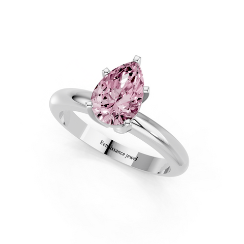 Silver Fancy Pink Pear  Cut Solitaire Engagement Ring with Round Band and Four-Prong Setting