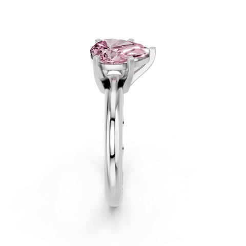 Silver Fancy Pink Pear  Cut Solitaire Engagement Ring with Round Band and Four-Prong Setting