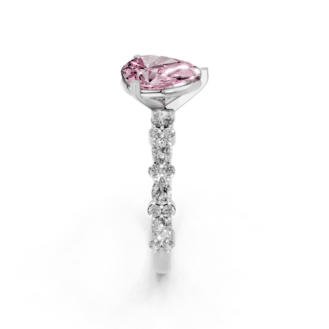 Silver Fancy Pink Pear  Solitaire with Side Stones, Pave Band, Four-Prong Setting