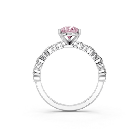 White gold Fancy Pink Pear  Solitaire with Side Stones, Pave Band, Four-Prong Setting