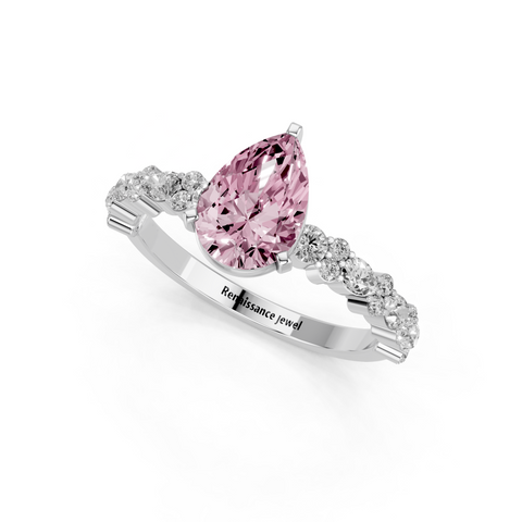 White gold Fancy Pink Pear  Solitaire with Side Stones, Pave Band, Four-Prong Setting