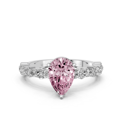 Platinum Fancy Pink Pear  Solitaire with Side Stones, Pave Band, Four-Prong Setting