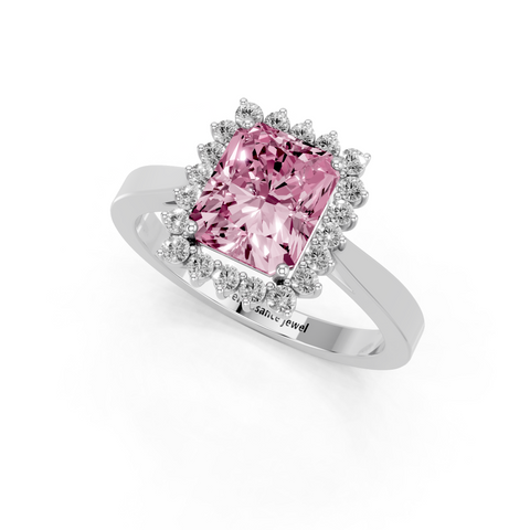 Silver Fancy Pink Radiant  Cut Diamond Halo Ring with Round Brilliant Halo and Solitaire Band