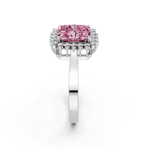 Silver Fancy Pink Radiant  Cut Diamond Halo Ring with Round Brilliant Halo and Solitaire Band