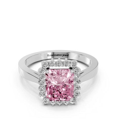 Platinum Fancy Pink Radiant  Cut Diamond Halo Ring with Round Brilliant Halo and Solitaire Band