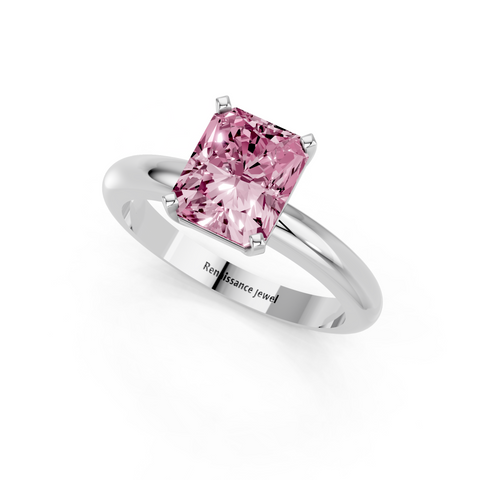 Silver Fancy Pink Radiant  Cut Solitaire Engagement Ring with Round Band and Four-Prong Setting