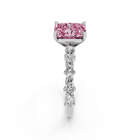 Platinum Fancy Pink Radiant  Solitaire with Side Stones, Pave Band, Four-Prong Setting