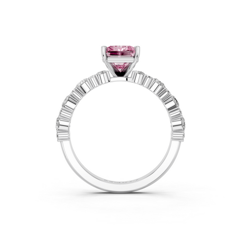 Platinum Fancy Pink Radiant  Solitaire with Side Stones, Pave Band, Four-Prong Setting