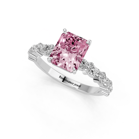 Silver Fancy Pink Radiant  Solitaire with Side Stones, Pave Band, Four-Prong Setting