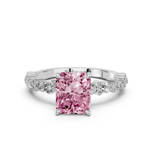 Platinum Fancy Pink Radiant  Solitaire with Side Stones, Pave Band, Four-Prong Setting