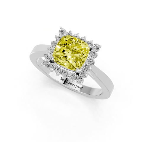 White gold Fancy Yellow Cushion  Cut Diamond Halo Ring with Round Brilliant Halo and Solitaire Band