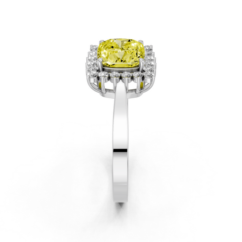 White gold Fancy Yellow Cushion  Cut Diamond Halo Ring with Round Brilliant Halo and Solitaire Band