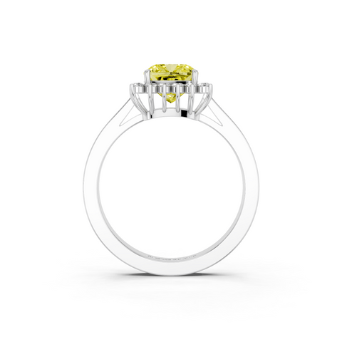 Silver Fancy Yellow Cushion  Cut Diamond Halo Ring with Round Brilliant Halo and Solitaire Band