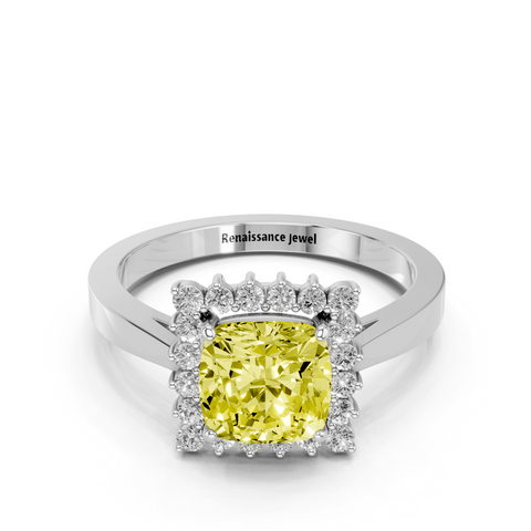 Silver Fancy Yellow Cushion  Cut Diamond Halo Ring with Round Brilliant Halo and Solitaire Band