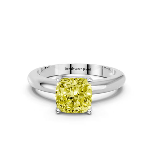 Platinum Fancy Yellow Cushion  Cut Solitaire Engagement Ring with Round Band and Four-Prong Setting