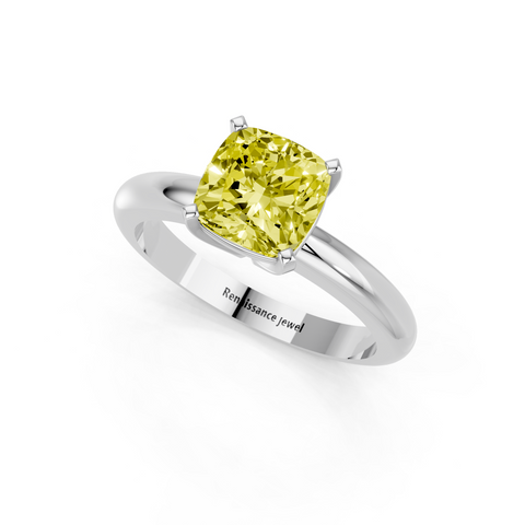 White gold Fancy Yellow Cushion  Cut Solitaire Engagement Ring with Round Band and Four-Prong Setting