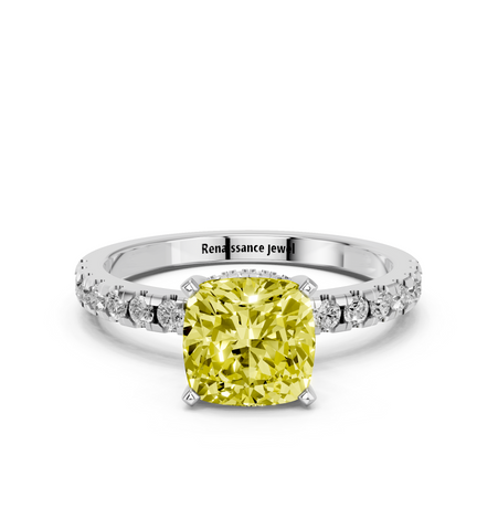 Platinum Fancy Yellow Cushion  Solitaire Diamond Pavé Band with Four-Prong Setting