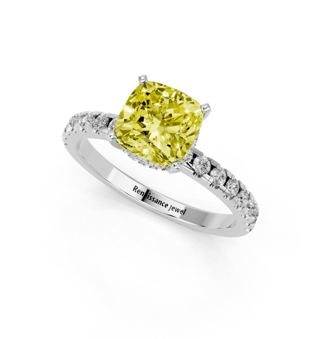 White gold Fancy Yellow Cushion  Solitaire Diamond Pavé Band with Four-Prong Setting