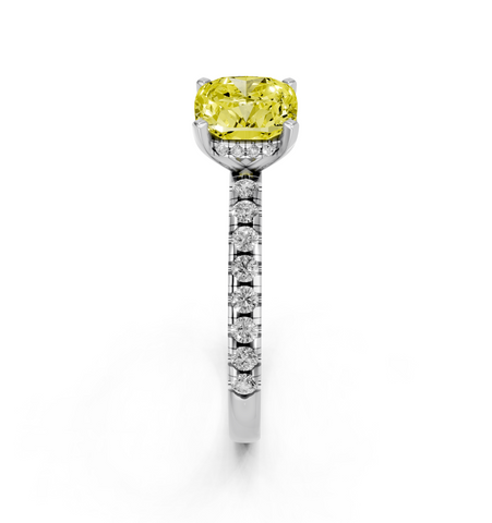 Platinum Fancy Yellow Cushion  Solitaire Diamond Pavé Band with Four-Prong Setting