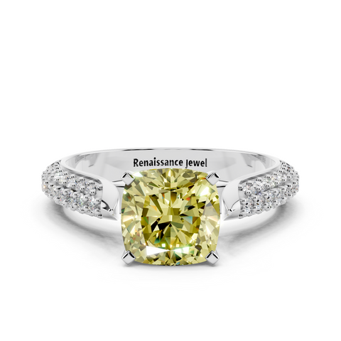 White gold Fancy Yellow Cushion  Solitaire Pavé Diamond Engagement Ring with Four-Prong Setting