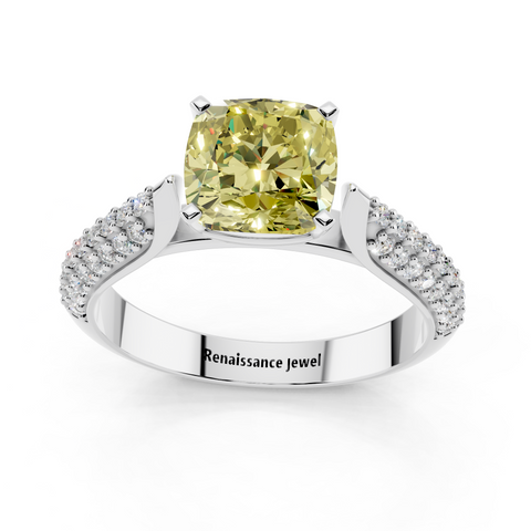 Silver Fancy Yellow Cushion  Solitaire Pavé Diamond Engagement Ring with Four-Prong Setting