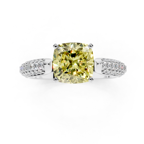 Platinum Fancy Yellow Cushion  Solitaire Pavé Diamond Engagement Ring with Four-Prong Setting
