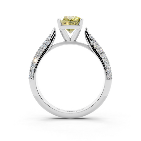 White gold Fancy Yellow Cushion  Solitaire Pavé Diamond Engagement Ring with Four-Prong Setting