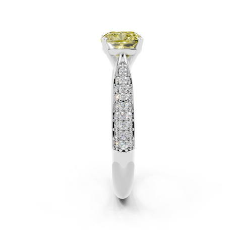 White gold Fancy Yellow Cushion  Solitaire Pavé Diamond Engagement Ring with Four-Prong Setting