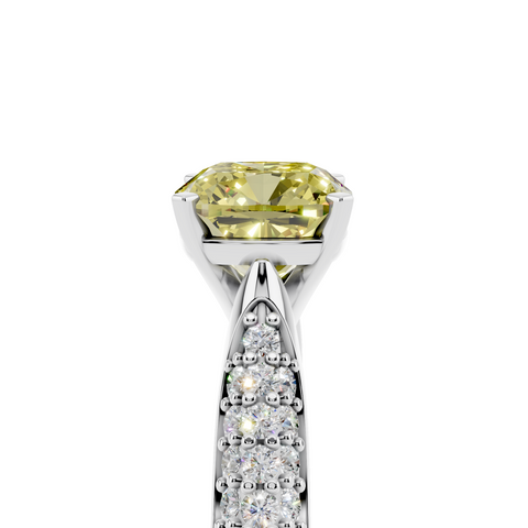 Platinum Fancy Yellow Cushion  Solitaire Pavé Diamond Engagement Ring with Four-Prong Setting