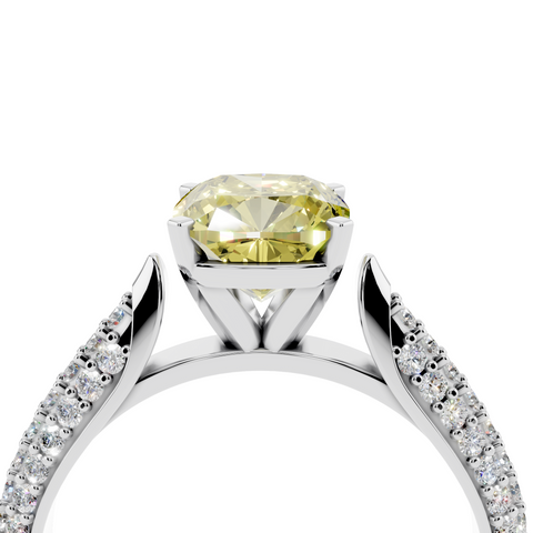 Platinum Fancy Yellow Cushion  Solitaire Pavé Diamond Engagement Ring with Four-Prong Setting