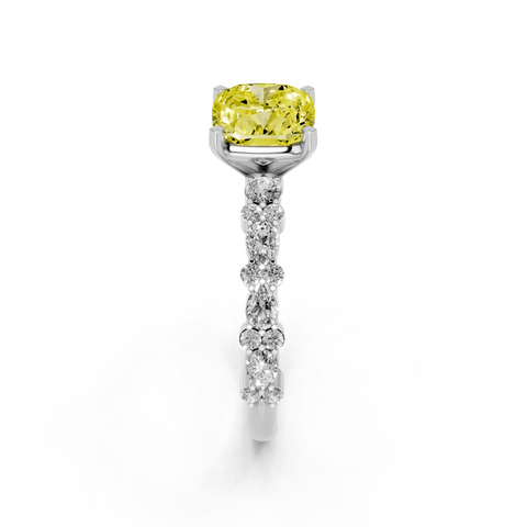 Platinum Fancy Yellow Cushion  Solitaire with Side Stones, Pave Band, Four-Prong Setting