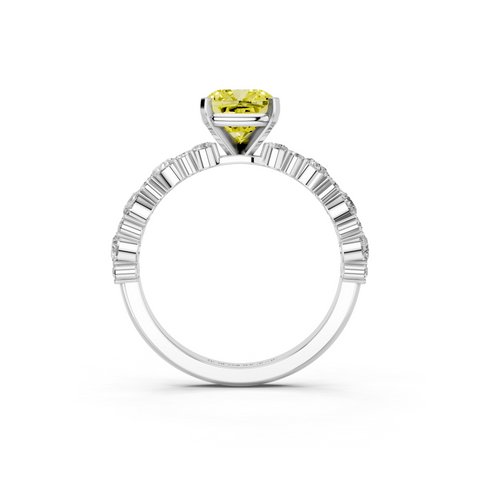 Silver Fancy Yellow Cushion  Solitaire with Side Stones, Pave Band, Four-Prong Setting