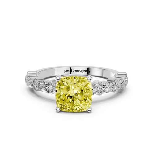 Platinum Fancy Yellow Cushion  Solitaire with Side Stones, Pave Band, Four-Prong Setting