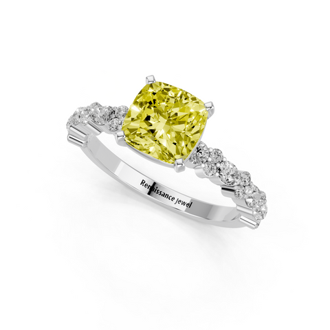 Silver Fancy Yellow Cushion  Solitaire with Side Stones, Pave Band, Four-Prong Setting
