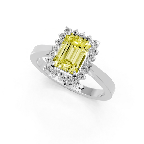 Platinum Fancy Yellow Emerald  Cut Diamond Halo Ring with Round Brilliant Halo and Solitaire Band