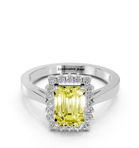 White gold Fancy Yellow Emerald  Cut Diamond Halo Ring with Round Brilliant Halo and Solitaire Band
