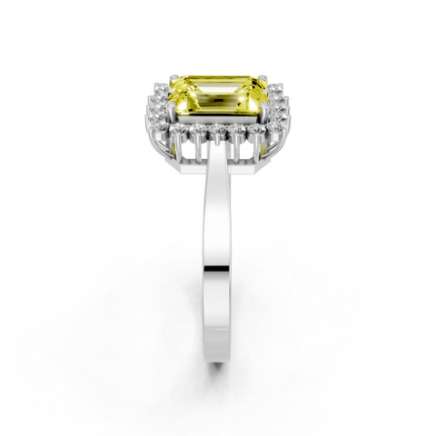 Silver Fancy Yellow Emerald  Cut Diamond Pavé Band Solitaire Ring with Four-Prong Setting