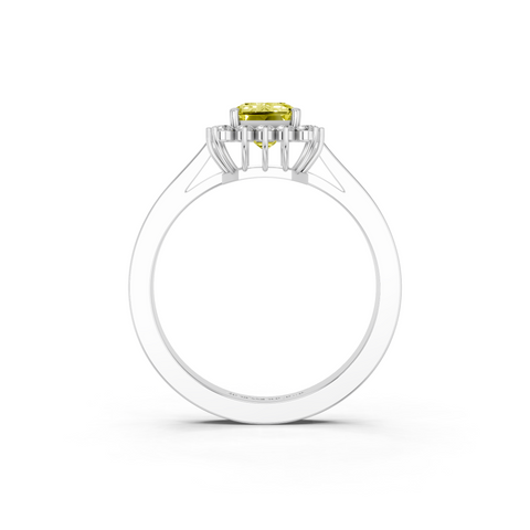 Silver Fancy Yellow Emerald  Cut Diamond Pavé Band Solitaire Ring with Four-Prong Setting