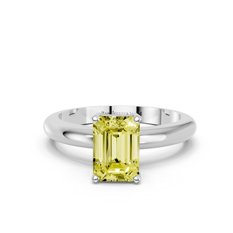 White gold Fancy Yellow Emerald  Cut Solitaire Engagement Ring with Round Band and Four-Prong Setting