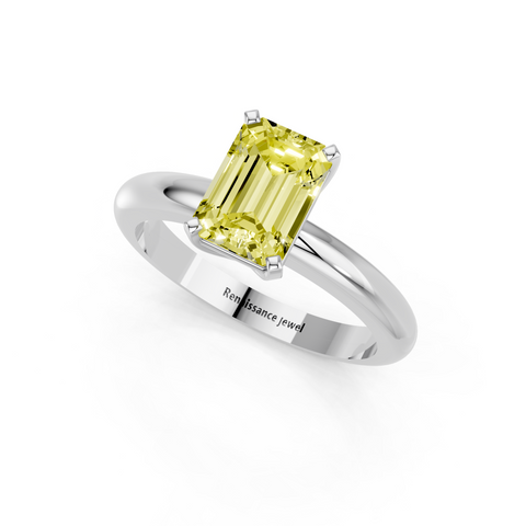 Silver Fancy Yellow Emerald  Cut Solitaire Engagement Ring with Round Band and Four-Prong Setting