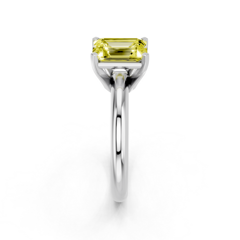 White gold Fancy Yellow Emerald  Cut Solitaire Engagement Ring with Round Band and Four-Prong Setting