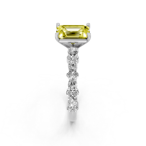 Platinum Fancy Yellow Emerald  Solitaire with Side Stones, Pave Band, Four-Prong Setting