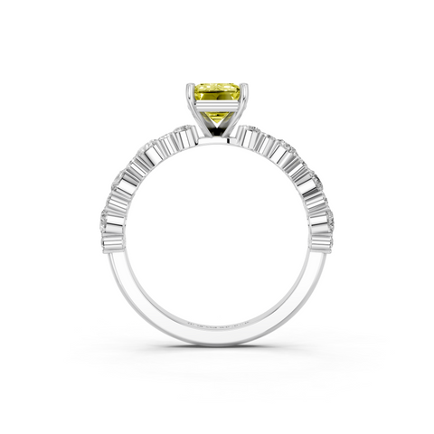 Platinum Fancy Yellow Emerald  Solitaire with Side Stones, Pave Band, Four-Prong Setting