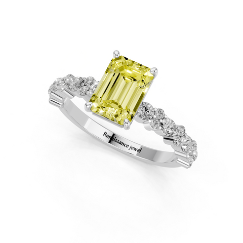 Silver Fancy Yellow Emerald  Solitaire with Side Stones, Pave Band, Four-Prong Setting