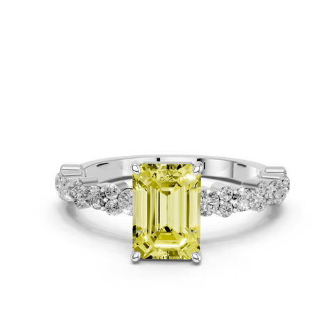 Platinum Fancy Yellow Emerald  Solitaire with Side Stones, Pave Band, Four-Prong Setting
