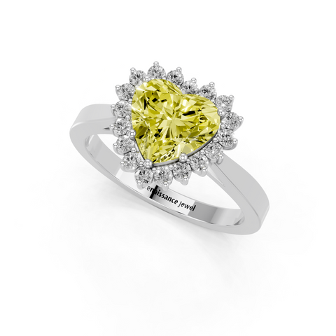Platinum Fancy Yellow Heart  Cut Diamond Halo Ring with Round Brilliant Halo and Solitaire Band